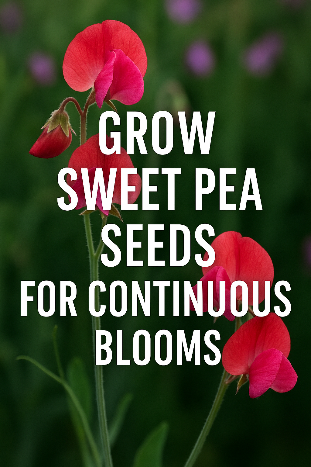 Sweet pea flowers with text overlay showing how to grow sweet pea seeds for continuous blooms all season