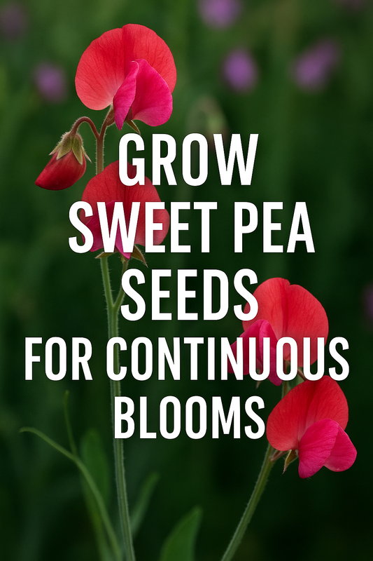 Sweet pea flowers with text overlay showing how to grow sweet pea seeds for continuous blooms all season