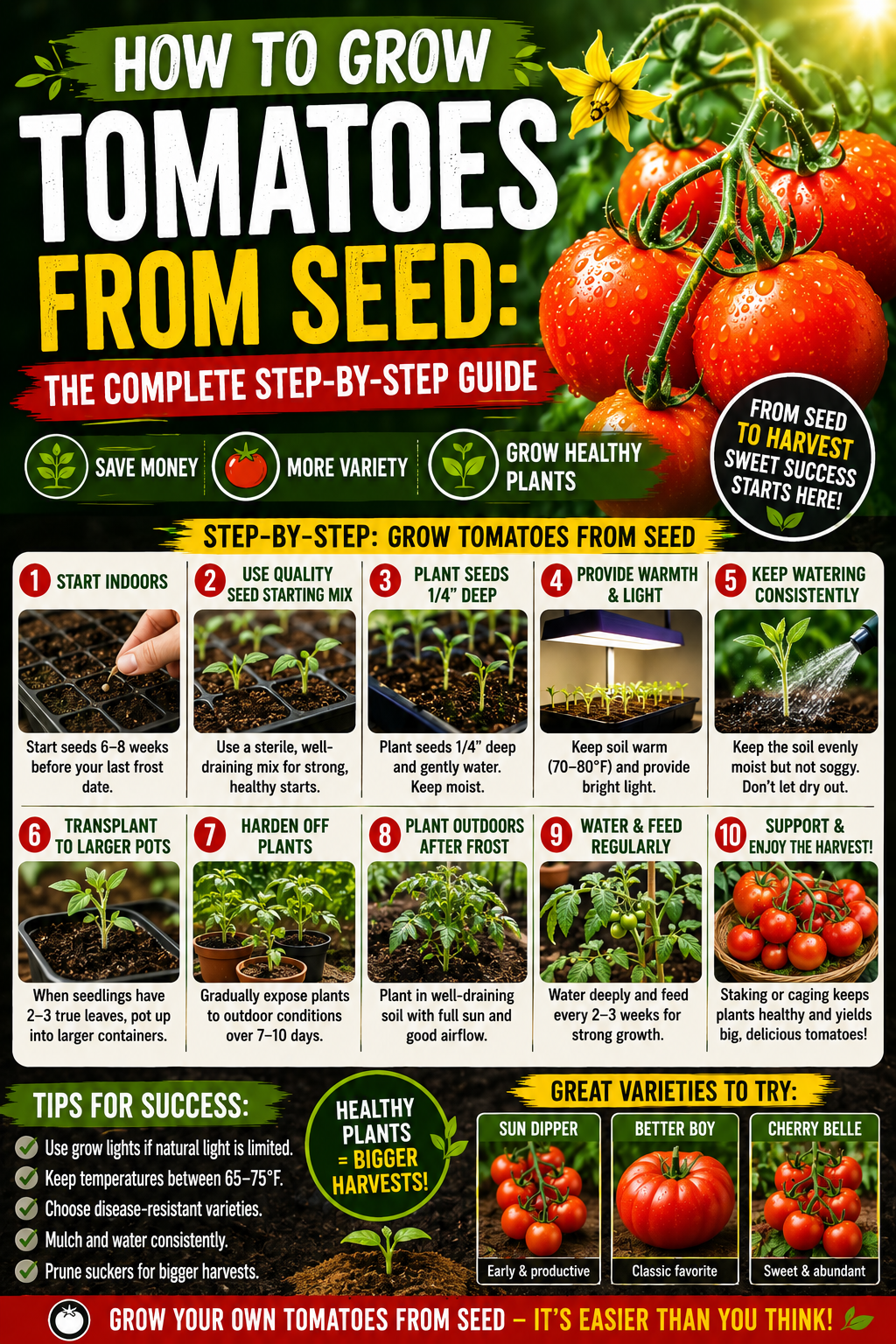 Step-by-step guide showing how to grow tomatoes from seed, from germination and transplanting to healthy plants and a productive harvest.