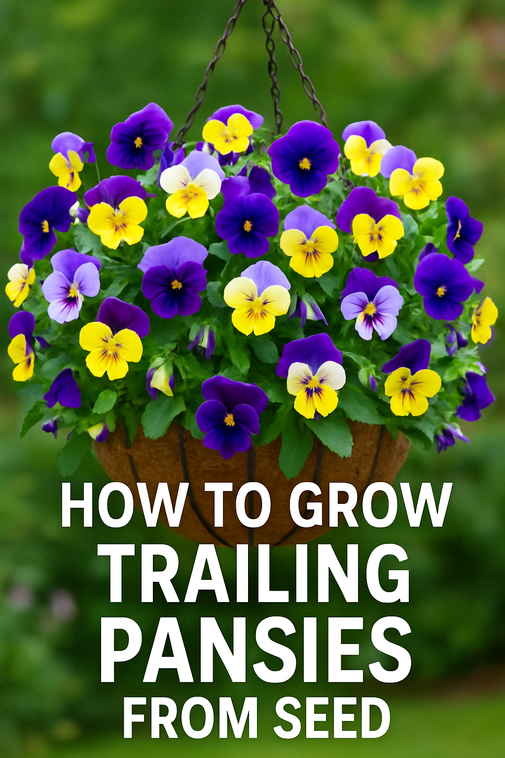 Colorful trailing pansies in a hanging basket with bright purple, yellow, and white blooms, featured with text “How to Grow Trailing Pansies from Seed