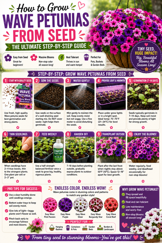 Step-by-step guide showing how to grow Wave petunias from seed with seed starting, germination, transplanting, and care tips for large trailing blooms in baskets, containers, and garden beds