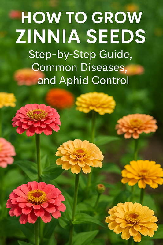 Bright zinnia flowers in full bloom with text overlay highlighting a guide on how to grow zinnia seeds, prevent common diseases, and control aphids