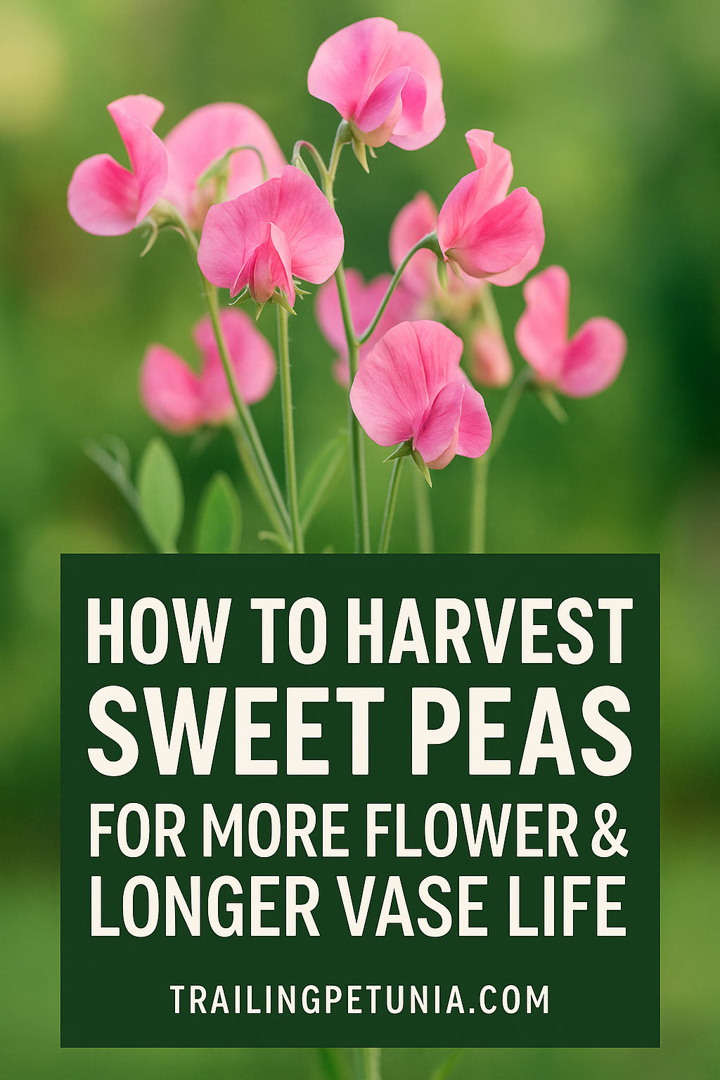 Sweet peas being harvested with text overlay showing how to harvest sweet peas for longer vase life and more blooms