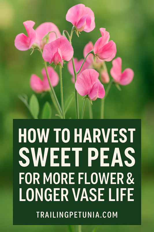 Sweet peas being harvested with text overlay showing how to harvest sweet peas for longer vase life and more blooms