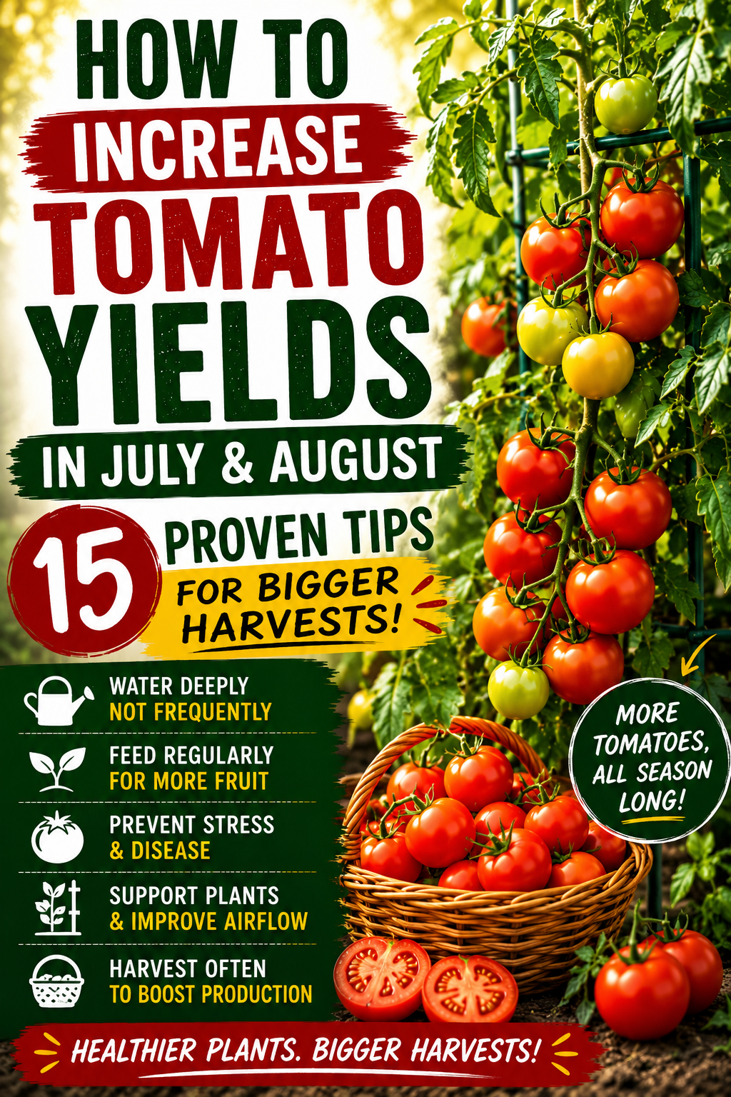 Healthy tomato plants loaded with ripe red tomatoes and a large harvest basket, illustrating proven ways to increase tomato yields in July and August for bigger summer harvests.