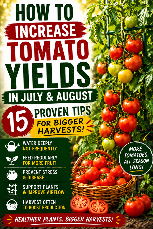 Healthy tomato plants loaded with ripe red tomatoes and a large harvest basket, illustrating proven ways to increase tomato yields in July and August for bigger summer harvests.