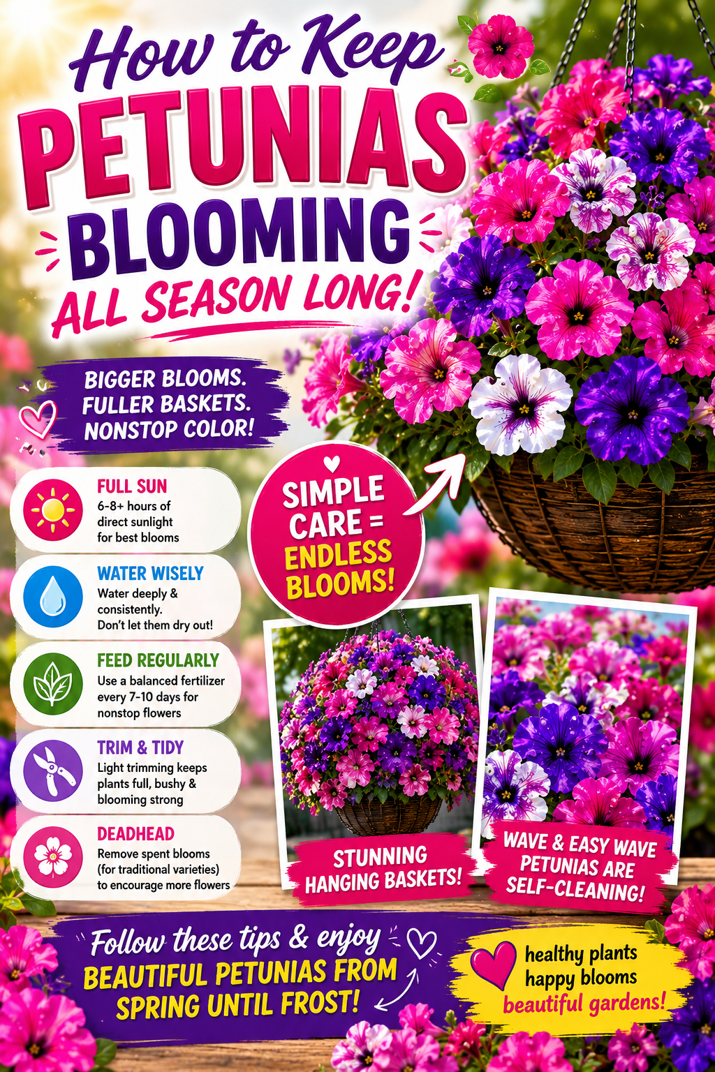 Colorful hanging basket filled with blooming petunias showing tips for keeping petunias flowering all season with proper watering, fertilizer, sunlight, and care
