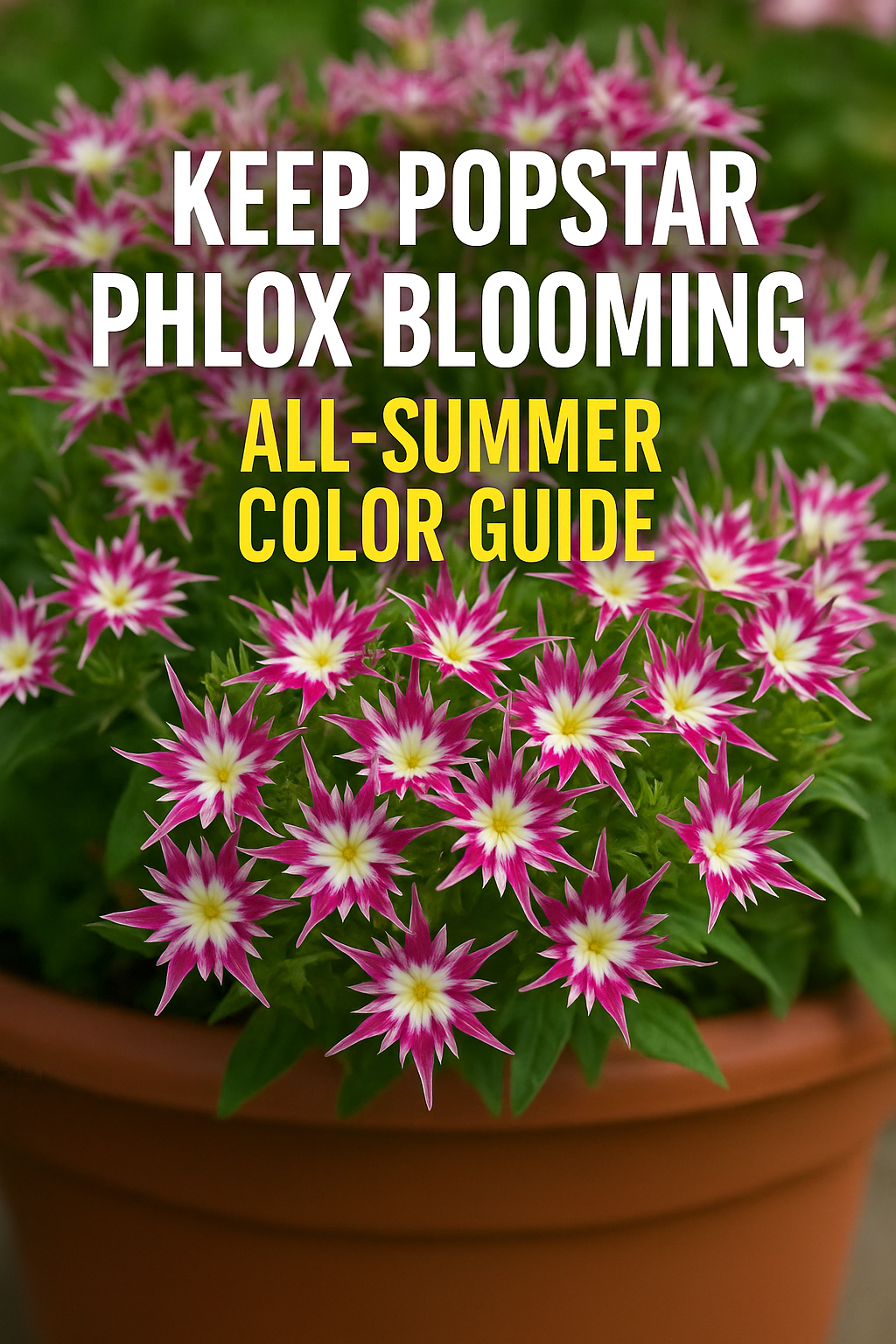 Popstar Phlox flowers blooming in a container — Pinterest thumbnail for How to Keep Popstar Phlox Blooming All Summer Easy Guide