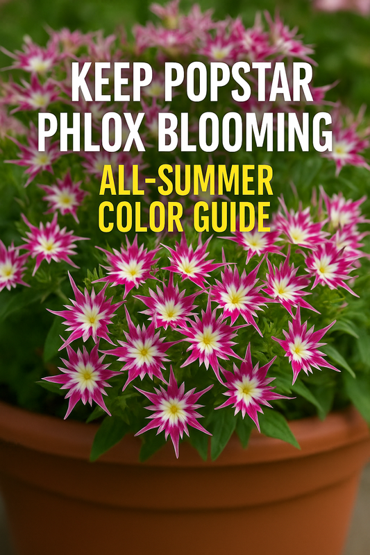 Popstar Phlox flowers blooming in a container — Pinterest thumbnail for How to Keep Popstar Phlox Blooming All Summer Easy Guide