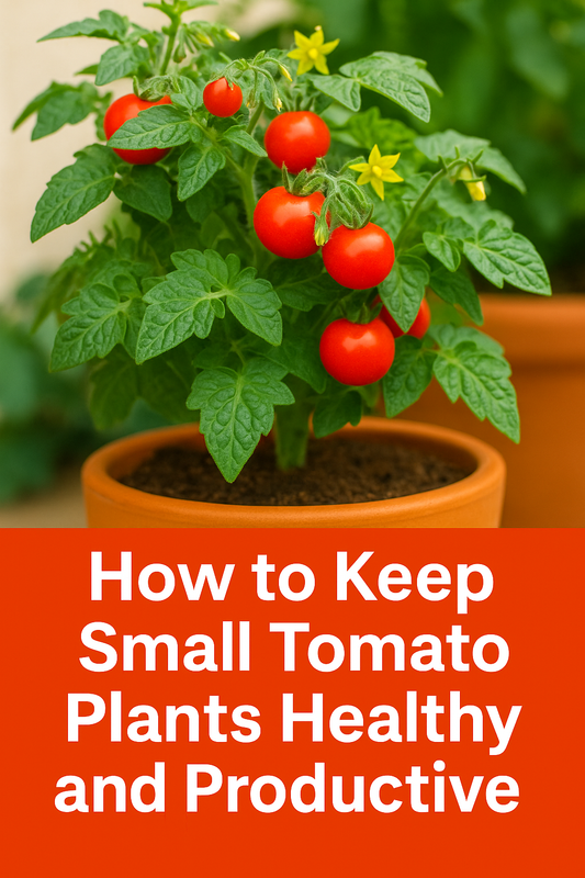 Healthy small tomato plant in a pot with bright red cherry tomatoes and green leaves — example of productive dwarf tomato care in containers.