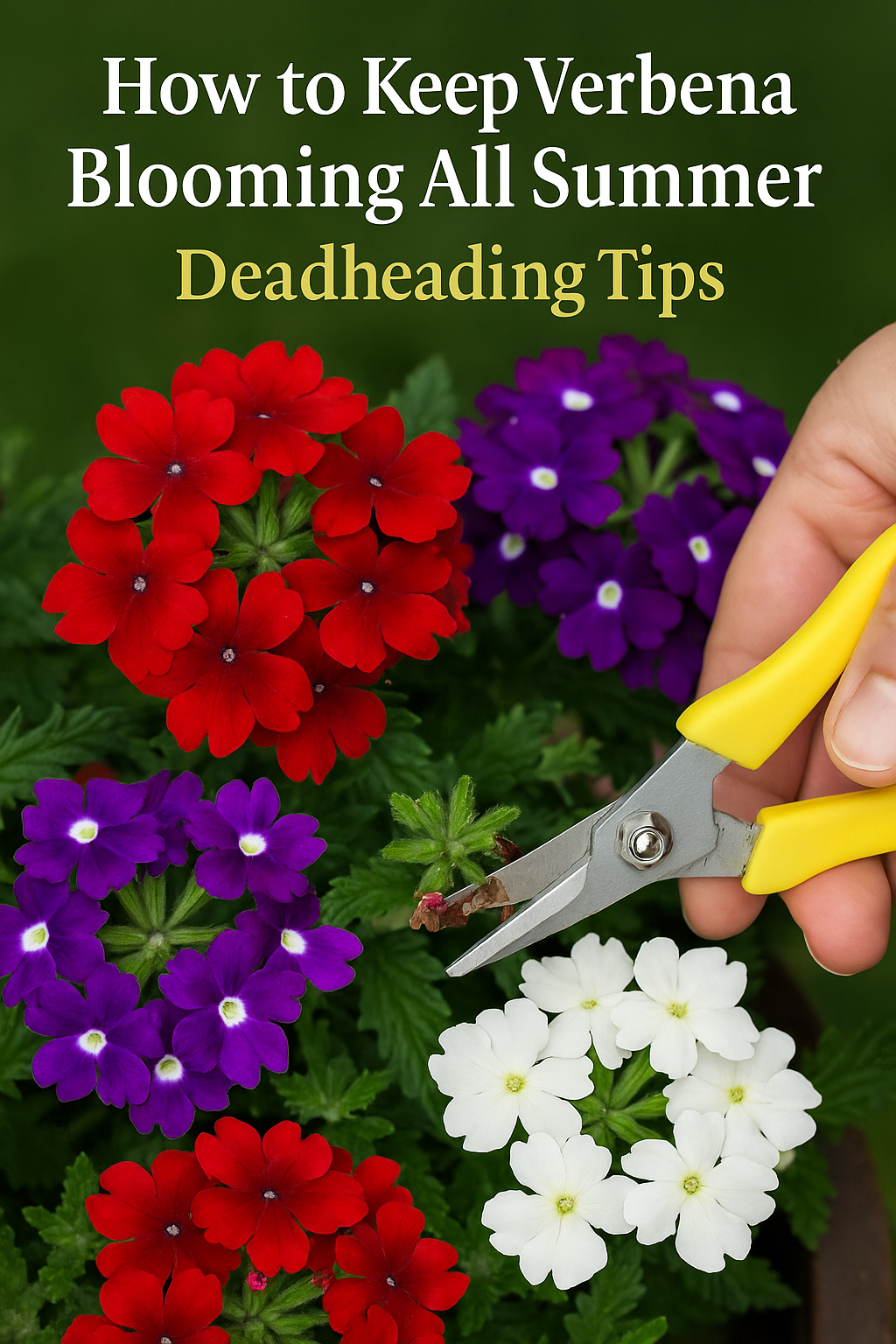 Bright pink, purple, and white Verbena flowers in full bloom with text overlay reading “How to Keep Verbena Blooming All Summer | Deadheading & Maintenance Tips