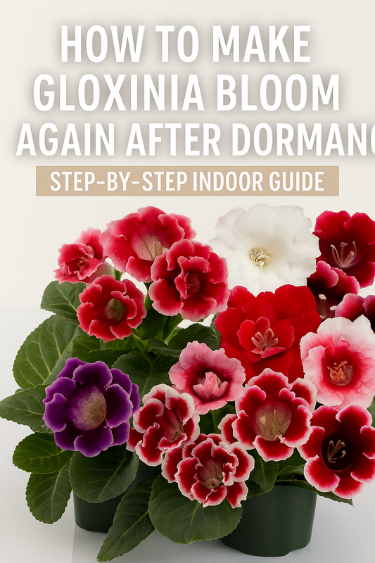 Colorful blooming Gloxinia flowers in red, pink, and purple shades showing healthy plants revived after dormancy indoors