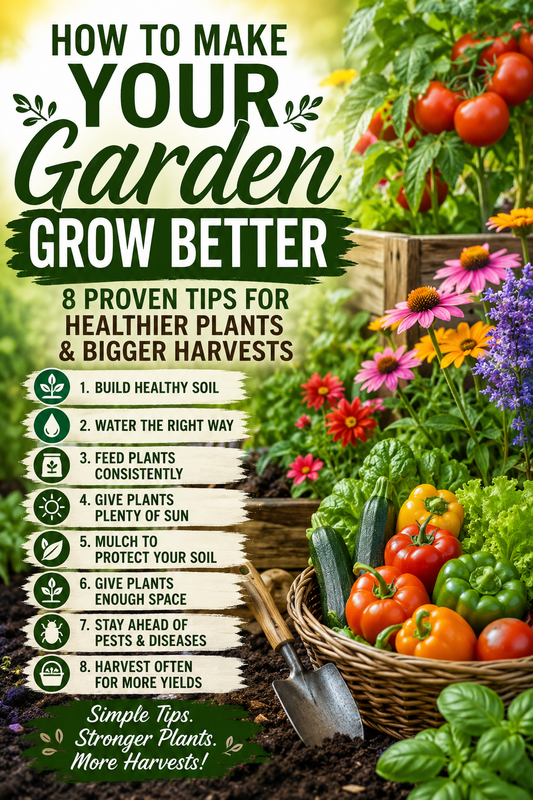 Colorful Pinterest graphic showing eight proven ways to make your garden grow better, including healthy soil, proper watering, fertilizing, sunlight, mulching, pest control, and harvesting tips for healthier flowers and vegetables.