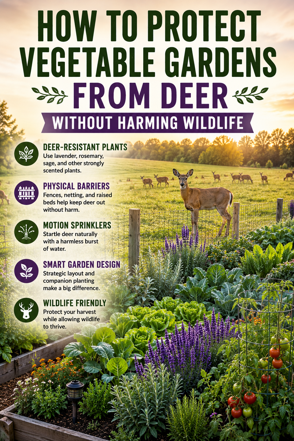 Large vegetable garden protected from deer with fencing, lavender borders, raised beds, and wildlife-friendly deer deterrent methods in a rural field setting.