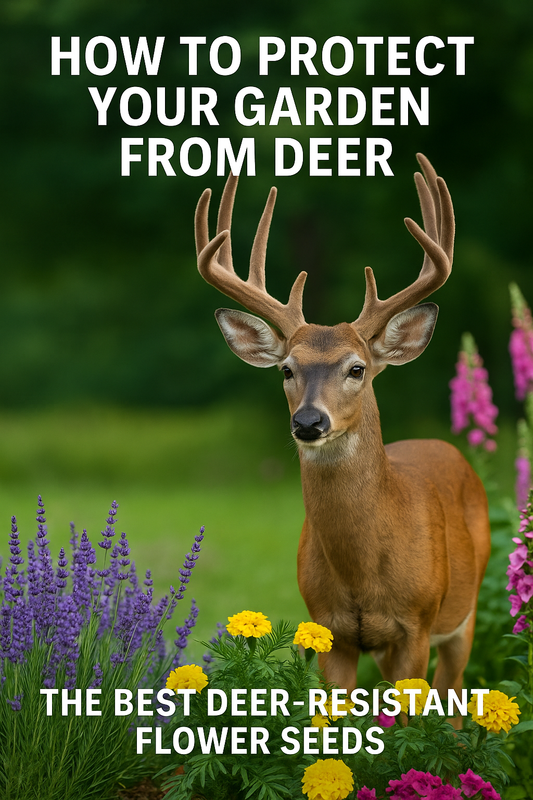 A buck deer standing near a vibrant garden filled with lavender, marigolds, foxglove, snapdragons, and larkspur, showcasing beautiful deer-resistant flowers that deer won’t eat