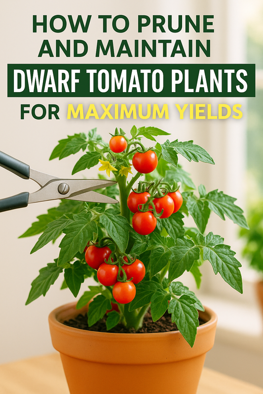 Person pruning a healthy dwarf tomato plant in a pot with scissors — bright red cherry tomatoes and green leaves showing how to maintain plants for higher yields