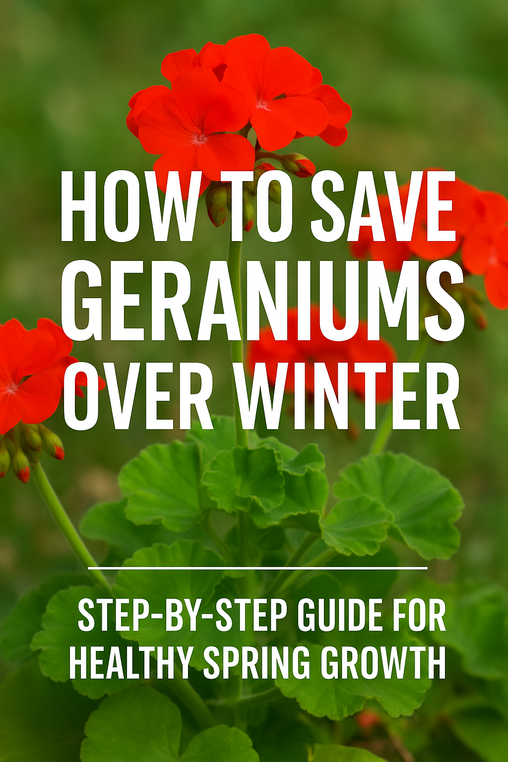 Bright red geranium flowers with green leaves and text overlay “How to Save Geraniums Over Winter | Step-by-Step Guide for Healthy Spring Growth