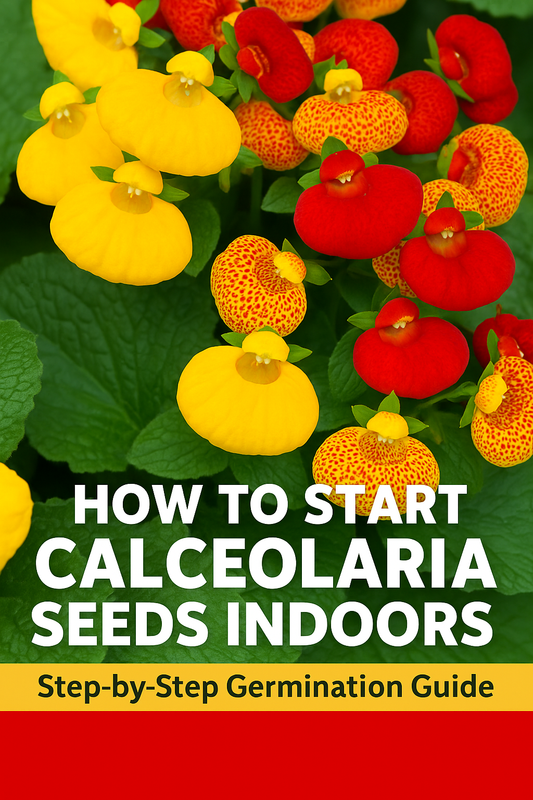 Colorful Calceolaria purse plant flowers in shades of red, yellow, and spotted orange surrounded by seed trays and pots — ideal for indoor seed starting and germination