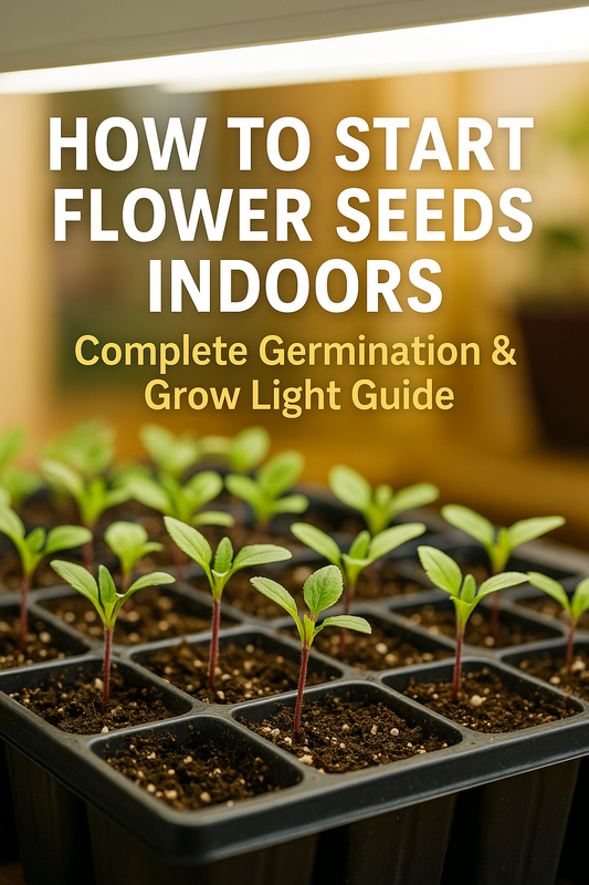 “Flower seed trays under grow lights with petunias and zinnias — indoor seed starting setup for healthy seedlings.”