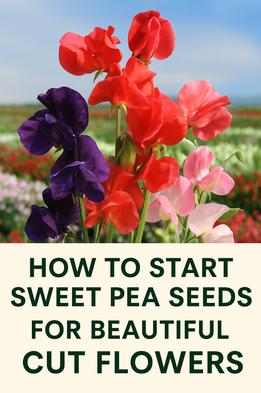 Sweet pea flowers in purple, red, and pink shades blooming in a garden, ideal for starting from seed and growing as cut flowers