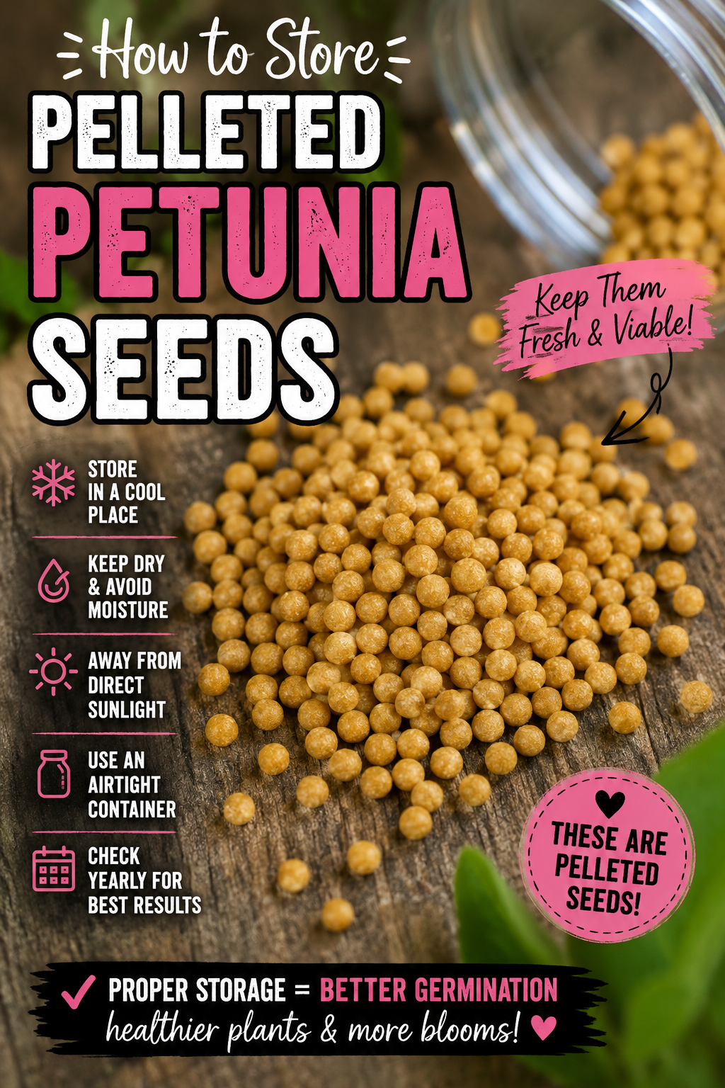Pelleted petunia seeds stored properly for long-term freshness and germination