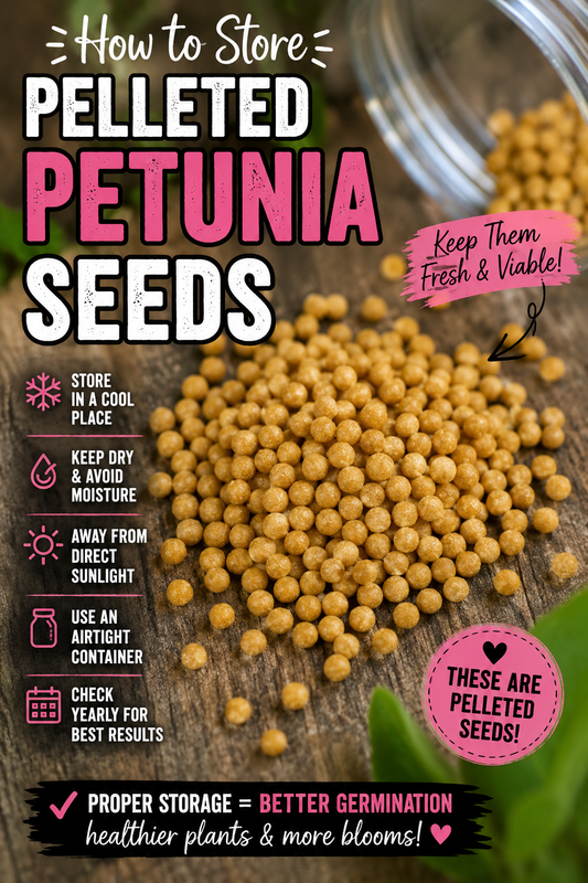 Pelleted petunia seeds stored properly for long-term freshness and germination