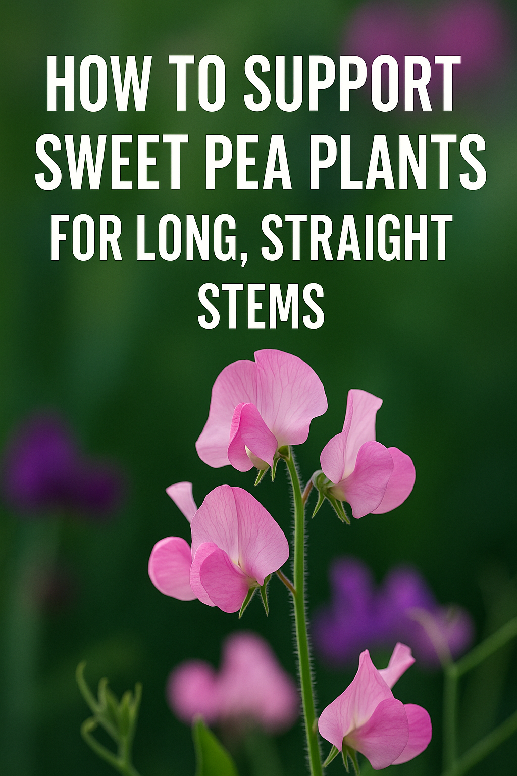 Pink sweet pea flowers with text overlay showing how to support sweet pea plants for long, straight stems