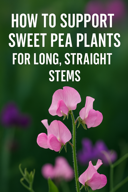 Pink sweet pea flowers with text overlay showing how to support sweet pea plants for long, straight stems