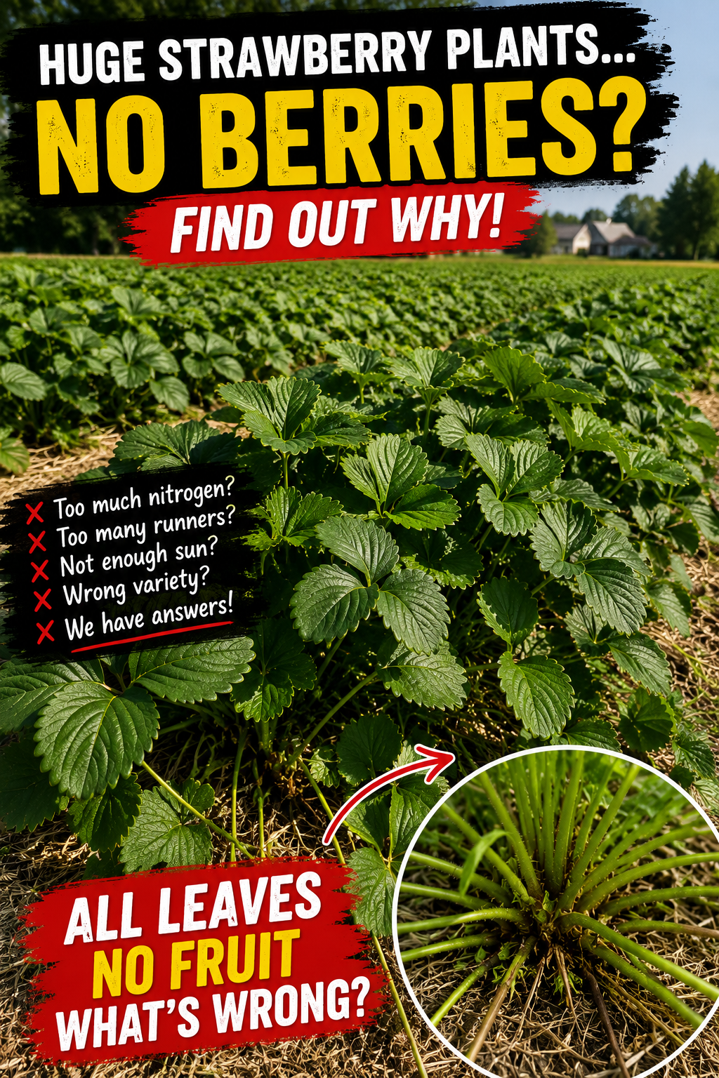 Large healthy strawberry plants growing in a field with lush green leaves but no berries or fruit.