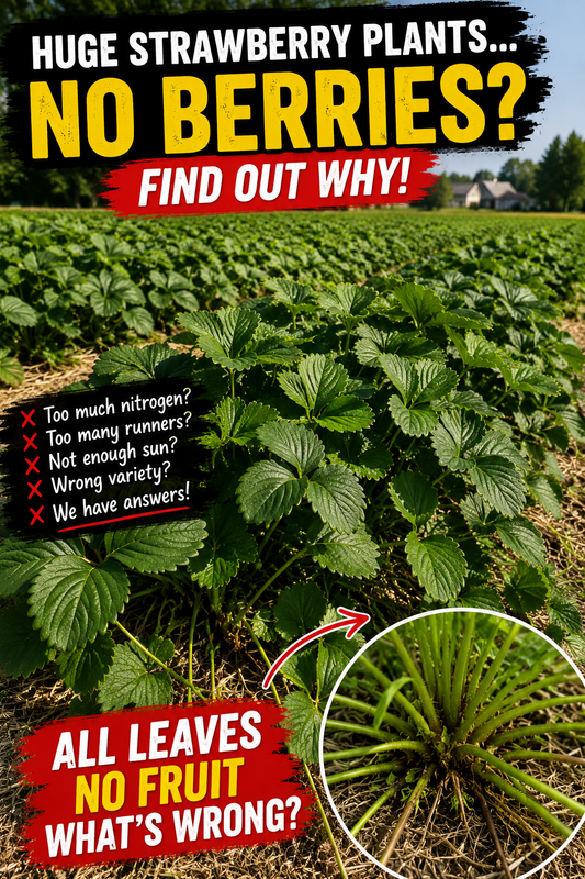 Large healthy strawberry plants growing in a field with lush green leaves but no berries or fruit.