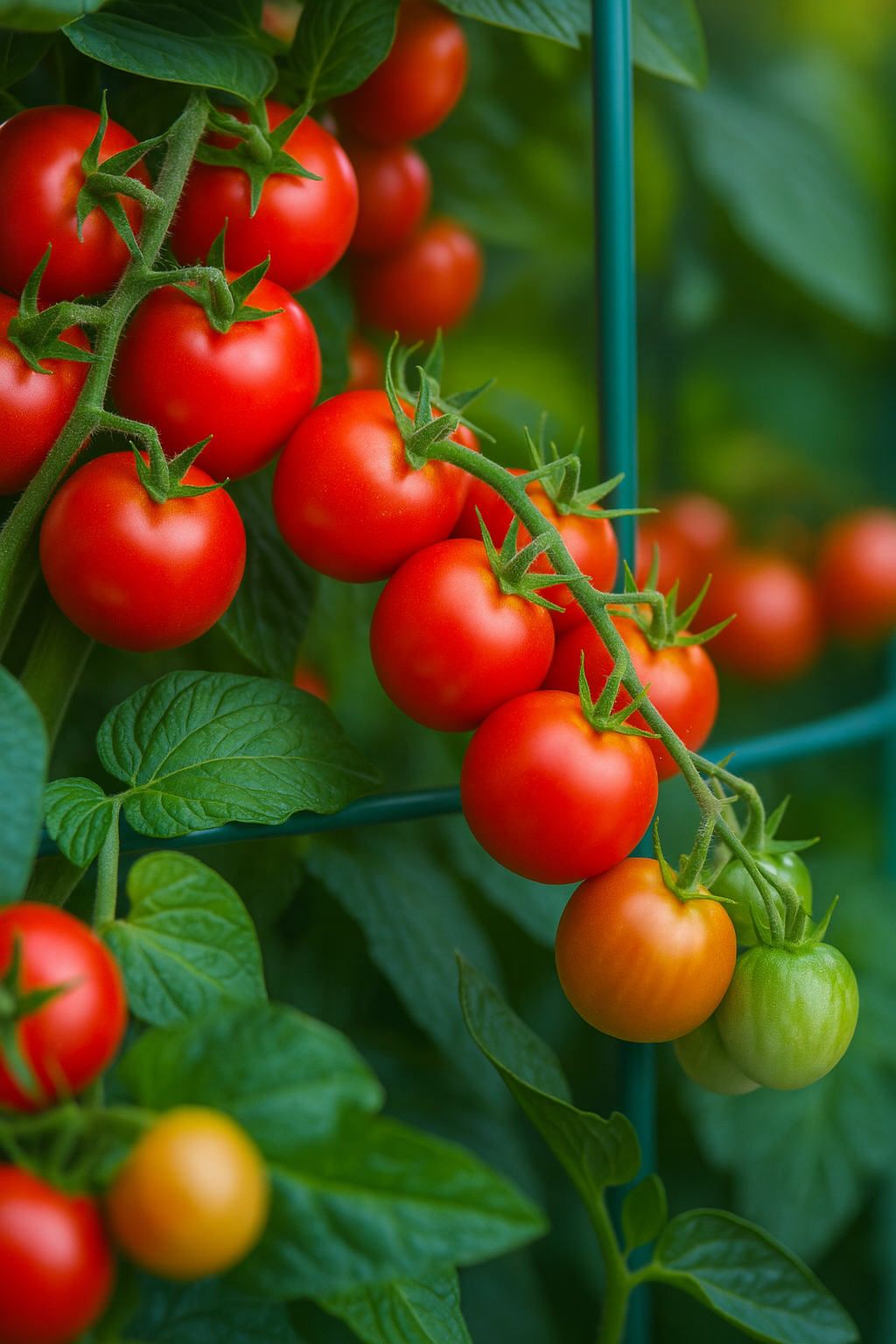Cluster of ripe Husky Red Cherry Tomatoes hanging on a compact plant
