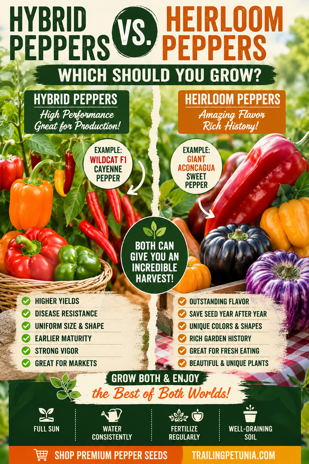 Hybrid peppers vs heirloom peppers comparison showing differences in flavor, yield, disease resistance, and seed saving for home gardeners.
