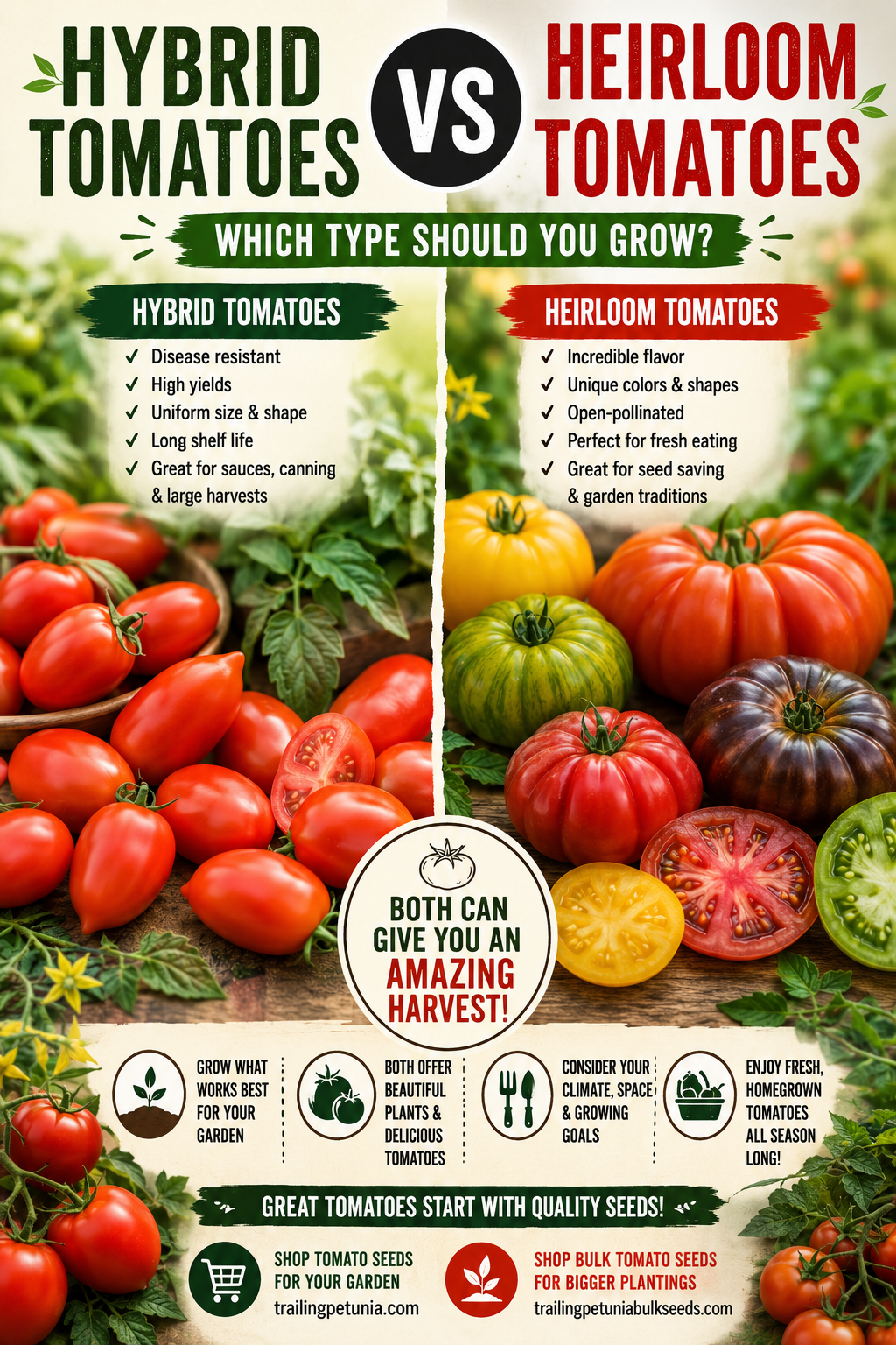 Comparison of hybrid tomatoes and heirloom tomatoes showing differences in yield, disease resistance, flavor, colors, shapes, and seed-saving benefits for home gardeners.