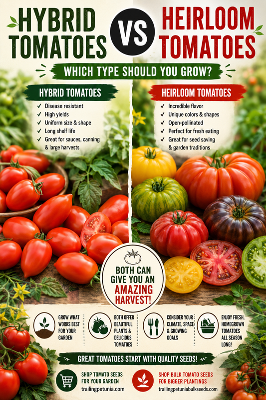Comparison of hybrid tomatoes and heirloom tomatoes showing differences in yield, disease resistance, flavor, colors, shapes, and seed-saving benefits for home gardeners.