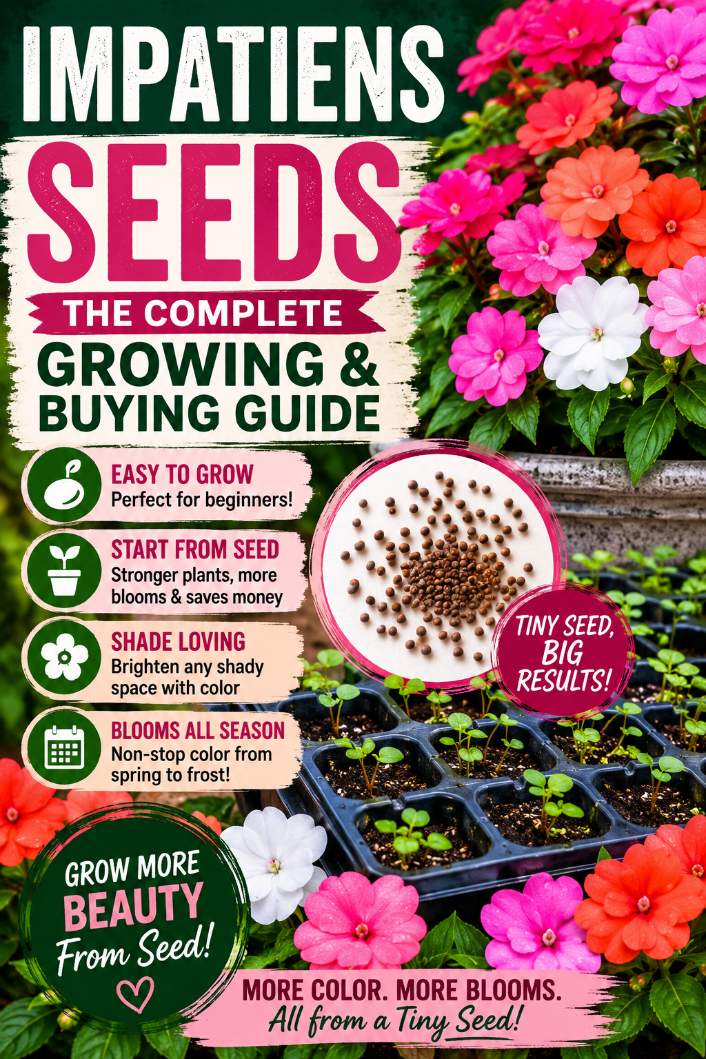 Healthy impatiens seedlings and colorful blooming impatiens flowers with a complete growing guide covering seed germination, planting, care, and growing tips for beautiful shade gardens.
