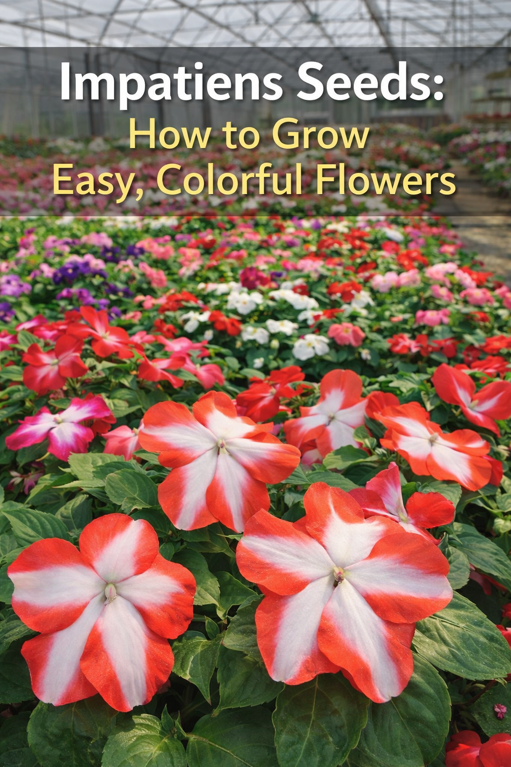 Impatiens seeds growing in a greenhouse with colorful flowers for beds and pots