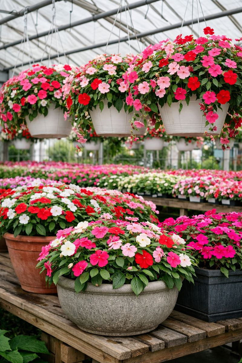 Impatiens flowers in greenhouse hanging baskets and planters