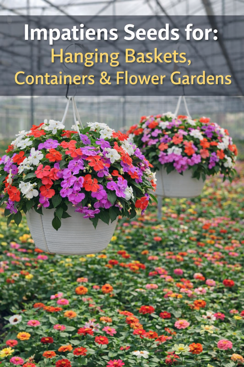 Impatiens seeds growing in hanging baskets inside a greenhouse with colorful container flowers
