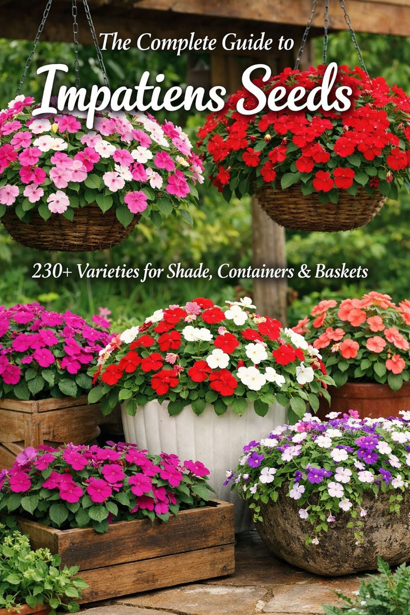 Impatiens flowers in hanging baskets and planters