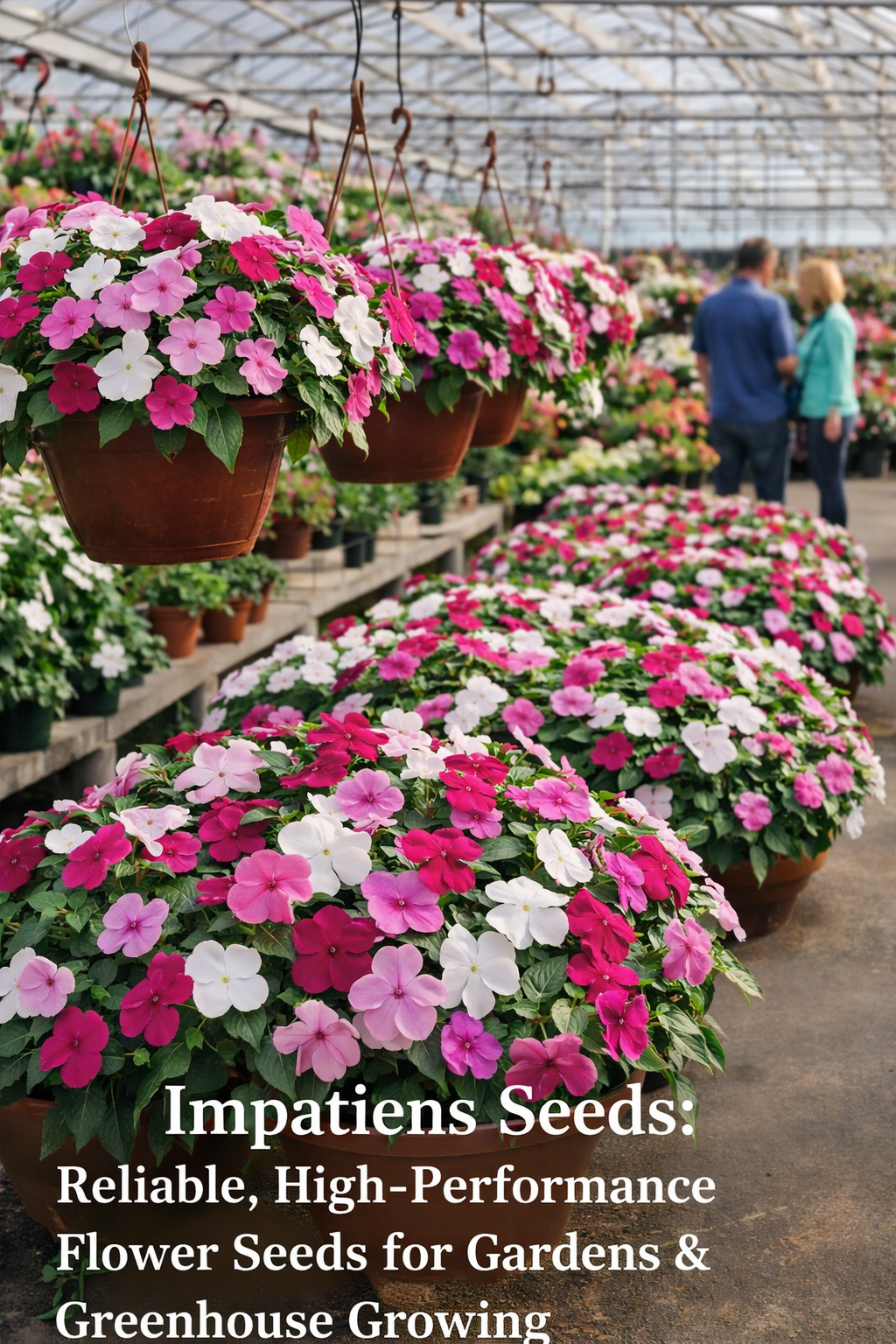 Impatiens seeds growing in greenhouse hanging baskets and planters for shade gardens