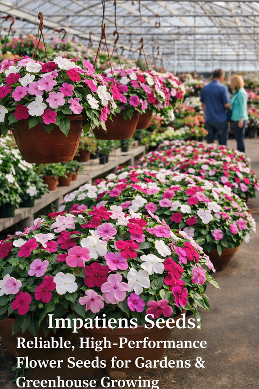 Impatiens seeds growing in greenhouse hanging baskets and planters for shade gardens