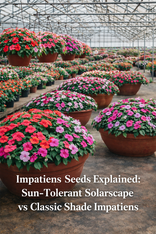 Sun tolerant Solarscape impatiens and shade impatiens growing in greenhouse baskets and planters