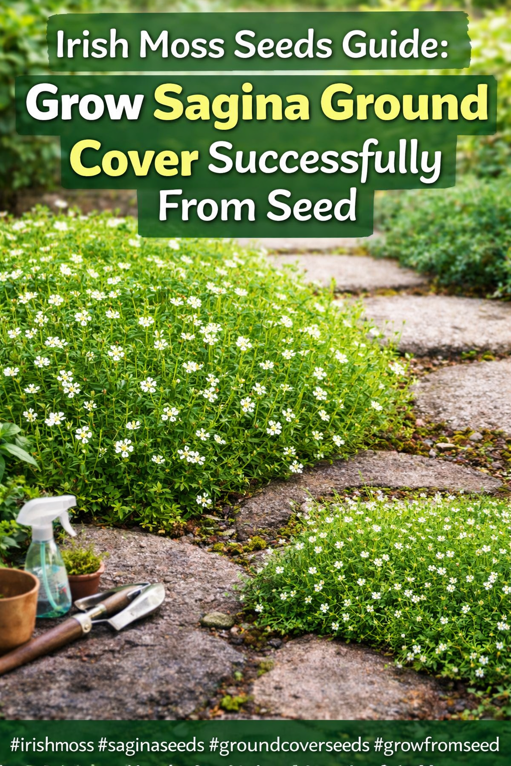Irish Moss Sagina ground cover growing between stepping stones started from seed indoors