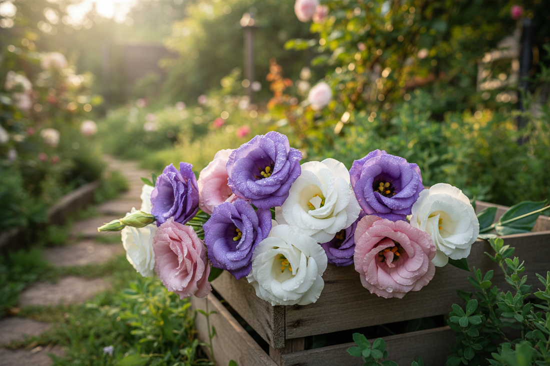 Premium lisianthus cut flowers in violet, white, and rose pink showing silky ruffled petals — cold hardiness guide for gardeners
