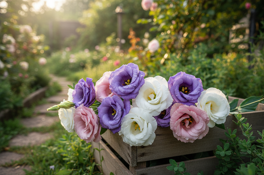 Premium lisianthus cut flowers in violet, white, and rose pink showing silky ruffled petals — cold hardiness guide for gardeners