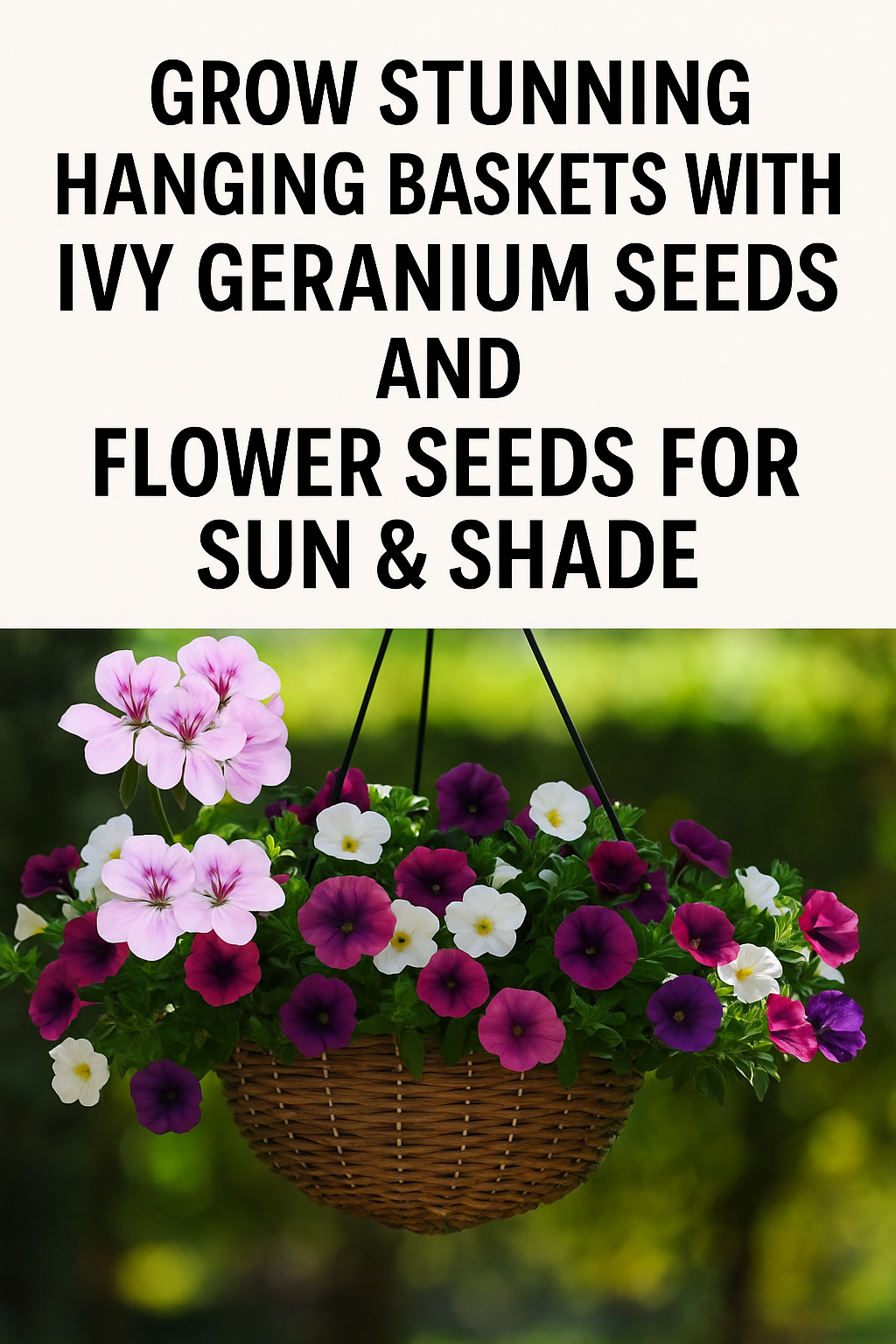 Colorful hanging baskets filled with Ivy Geraniums, Wave Petunias, and Cool Wave Pansies — the best flower seed choices for sun and shade garden display