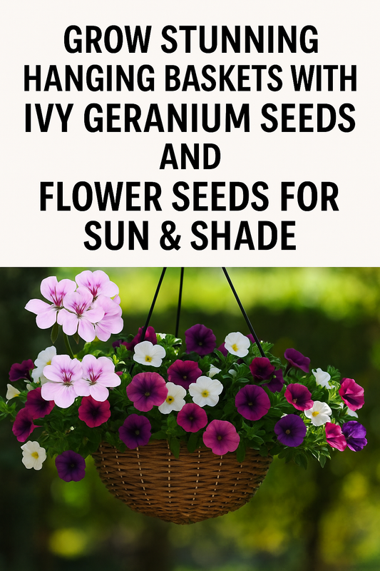 Colorful hanging baskets filled with Ivy Geraniums, Wave Petunias, and Cool Wave Pansies — the best flower seed choices for sun and shade garden display