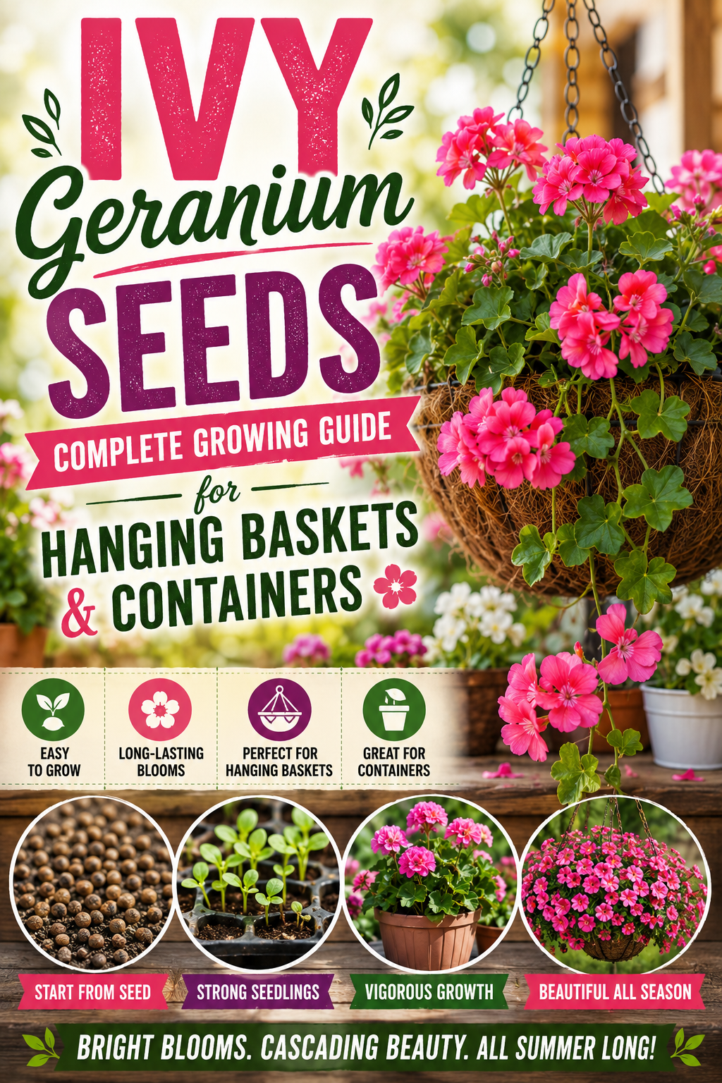Beautiful pink ivy geranium flowers cascading from a hanging basket, illustrating how to grow ivy geranium seeds for colorful hanging baskets and containers