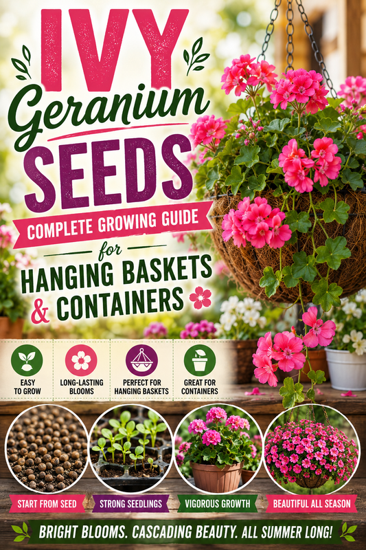 Beautiful pink ivy geranium flowers cascading from a hanging basket, illustrating how to grow ivy geranium seeds for colorful hanging baskets and containers