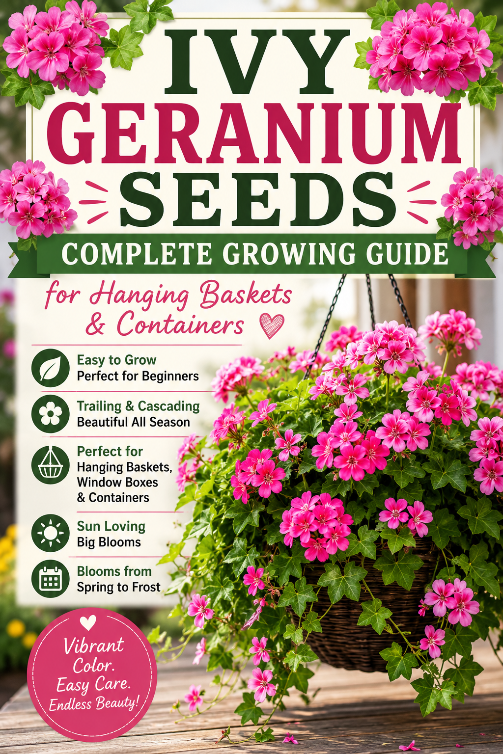 Pink ivy geranium flowers growing in a lush hanging basket with trailing foliage.